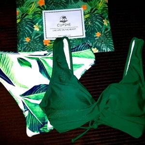 Green Solid and Leafy Print Bikini